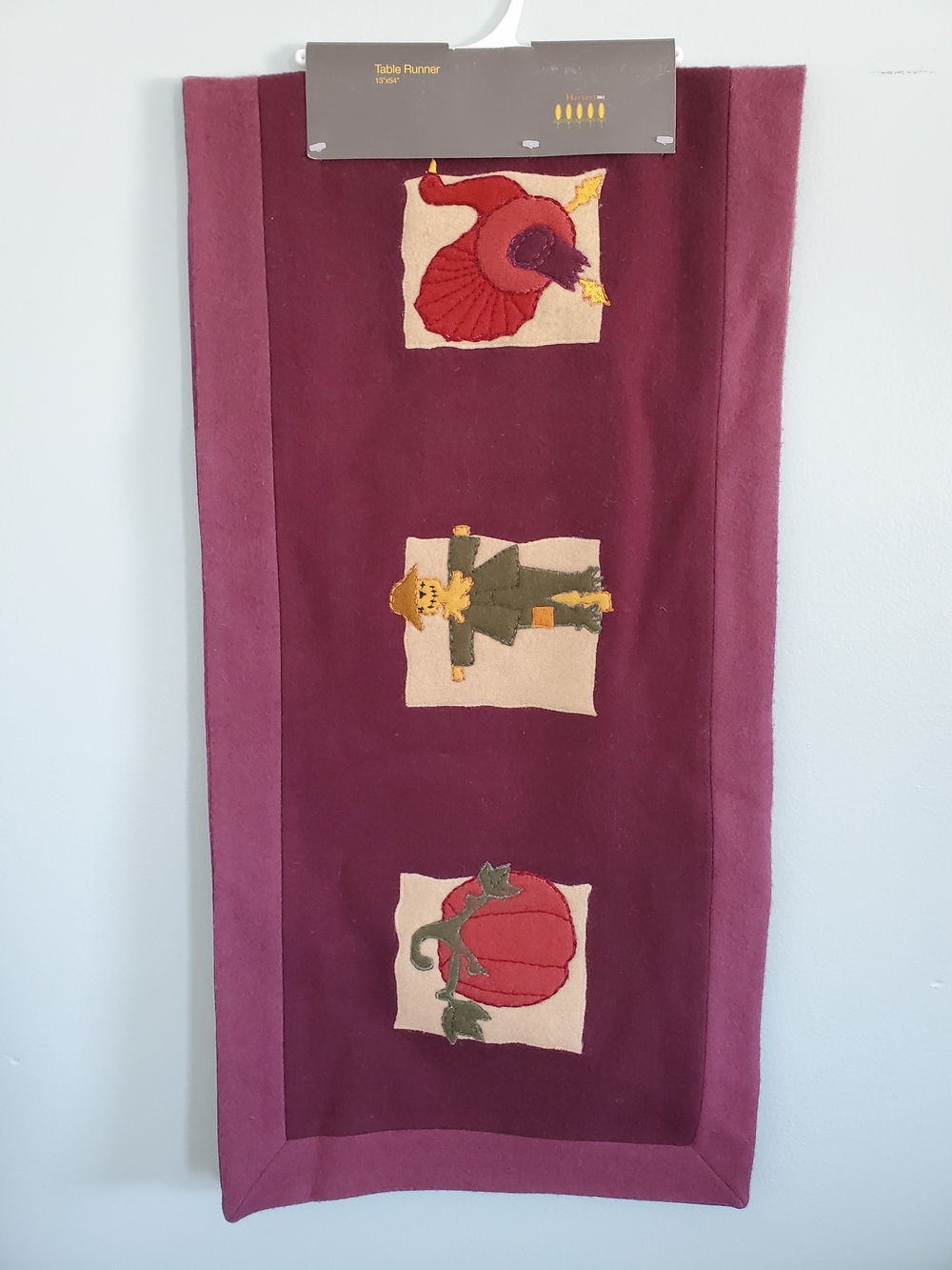 Kohl's Burgundy and Plum Fall Table Runner with Appliqué Pumpkin and Scarecrow